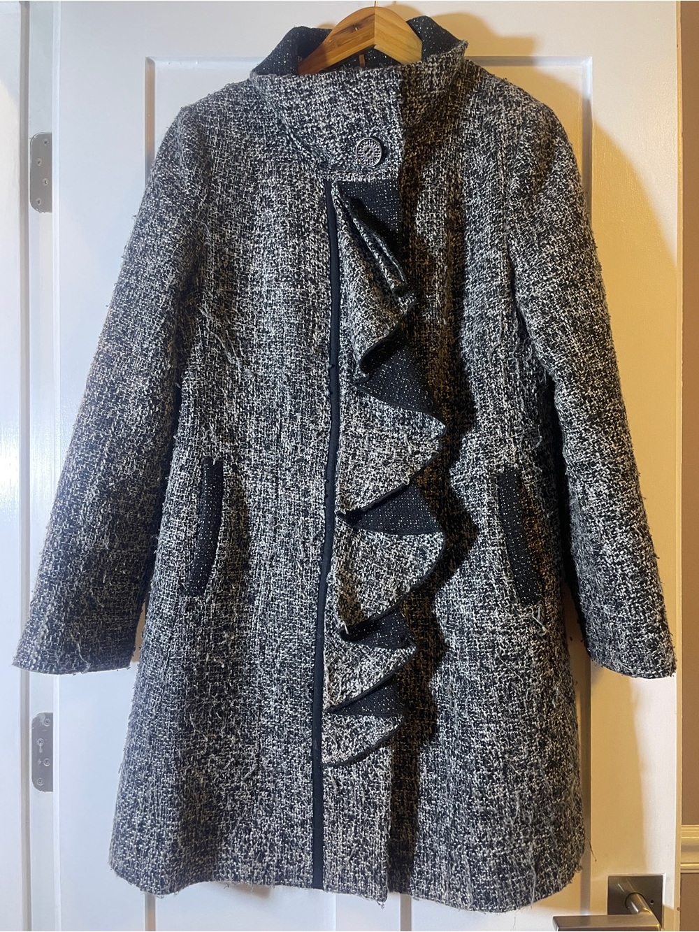 Tahari Black & White Tweed Funnel Neck Coatlet with Button Accent